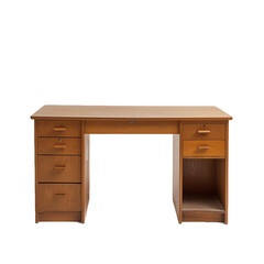 A simple brown wooden desk sits isolated on a white background, ready for a home office or vintage interior design
