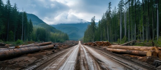 Road used for logging in an area with trees being cut down.