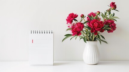 Mockup white desk calendar and pink flowers in a vase on a light background. Spiral calendar for mockup template advertising and branding,generative ai - obrazy, fototapety, plakaty