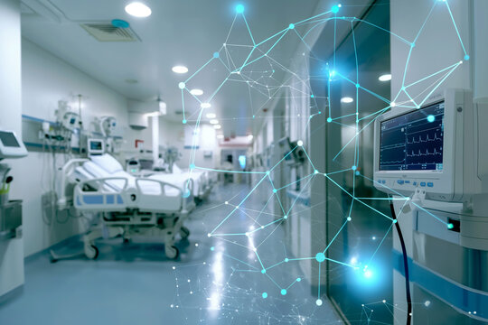Medical network connection interface over modern hospital background. Healthcare and medical technology concept.