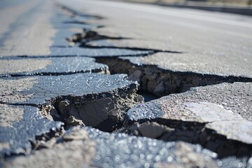 Asphalt road buckles and cracks in extreme heat, leading to traffic problems. - obrazy, fototapety, plakaty