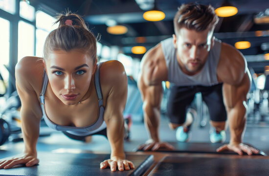 Young woman and man doing pushups in the gym, closeup view of a beautiful young couple working out at the fitness center. Man and woman training with sport equipment