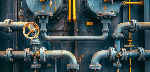 A close-up shot capturing the intricate network of pipes and valves amidst industrial machinery.