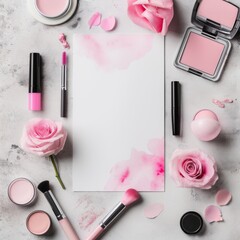 Obraz na płótnie Canvas Elegant flat lay selection of makeup products alongside pink roses and copy space, forming a beautiful, inviting composition.