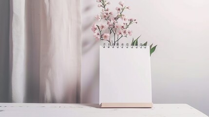 Mockup white desk calendar and pink flowers in a vase on a light background. Spiral calendar for mockup template advertising and branding,generative ai