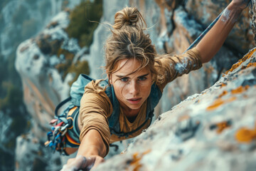 Focused female climber scales a rocky cliff. Woman climbs a sheer wall to the top of cliff. Extreme sports for outdoor activities - obrazy, fototapety, plakaty