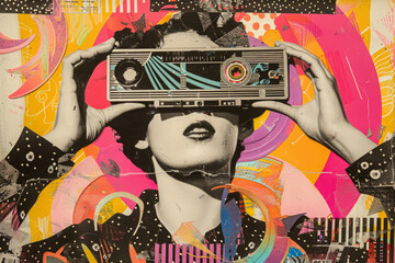 Creative composition with woman holding retro cassette. Contemporary art collage with female against surreal musical background