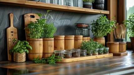 Eco-friendly kitchen utilizes bamboo utensils and compost bin for zero waste practices.