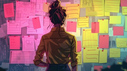 Woman analyzing a colorful wall of sticky notes in a creative brainstorming session. perfect for office and strategy concepts. AI