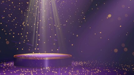 Empty violet podium with spotlight effects and gold bokeh decorations. Luxury scene design concept.