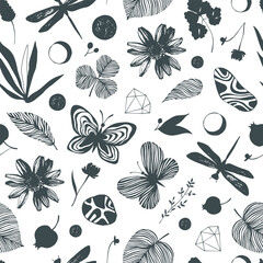 Seamless pattern with flowers and butterflies. - 753591140