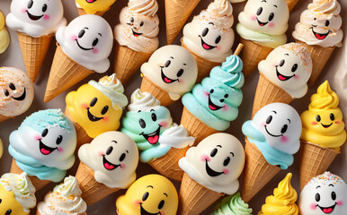 Fototapeta na wymiar a lot of happy ice cream, cheerful, cute face, great mood