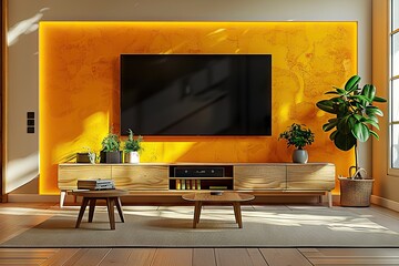 Modern Living Room Interior Flat Screen TV on Cabinet Against a Vibrant Yellow Illuminating Wall, Embodying Contemporary Design and Minimalism