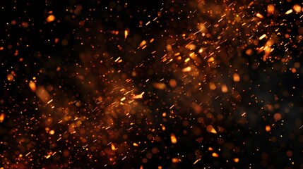 Fire sparks background. Abstract dark glitter fire particles lights. Fire embers particles isolated on black background.