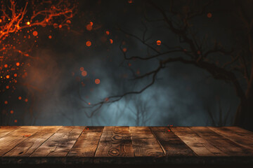 Empty wooden table for product display montages. Autumn and winter background - obrazy, fototapety, plakaty