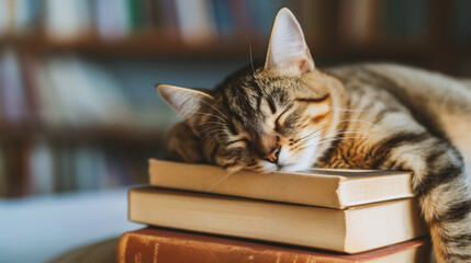 Cute cat sleeps on a stack of books. The cat is lying on the books