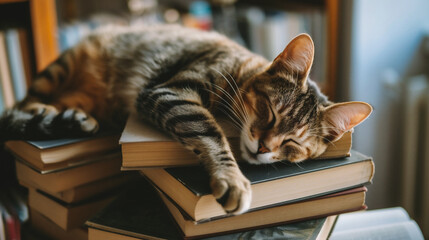 Cute cat sleeps on a stack of books. The cat is lying on the books
