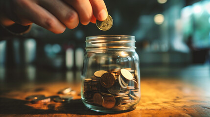 Man hand putting coin in glass jar for save money and account banking for finance business concept