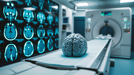 Medical equipment. MRI scanner and human brain. Magnetic resonance imaging.