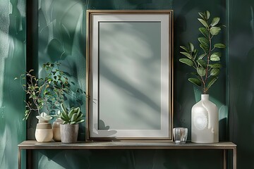 Elegant Interior Decor White Wooden Frame Mockup on Metal Shelf, Ceramic Decor, Dark Green Embossed Wall Panels, and Natural Light