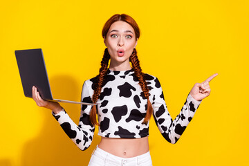 Photo of excited funky woman wear cow skin print top chatting apple samsung gadget showing empty space isolated yellow color background - 753591762