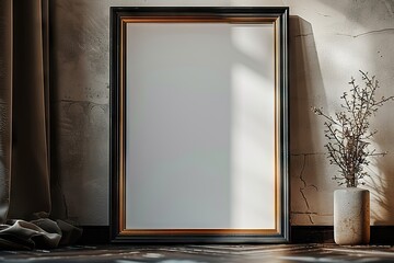Close-Up View of an Empty Mockup Poster Frame in a Modern Living Room Illuminated by Natural Light - obrazy, fototapety, plakaty
