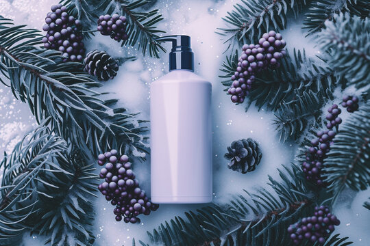 Cosmetic bottle with dispenser on christmas bokeh background
