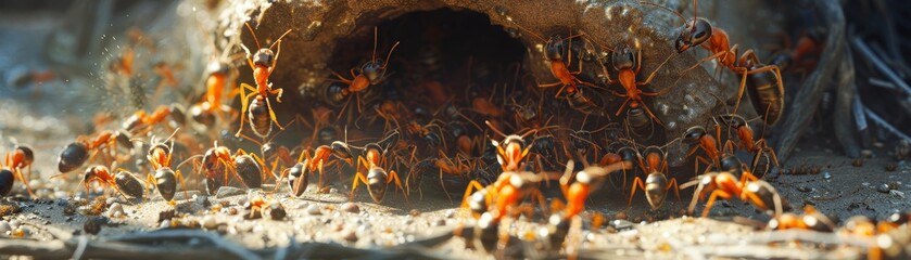 Illustration of a group of ants relocating their nest to a shaded area to avoid heat - obrazy, fototapety, plakaty