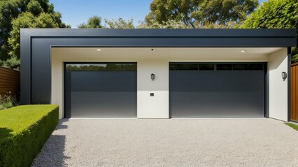 Modern house facade with double garage door and clean landscaping. - obrazy, fototapety, plakaty