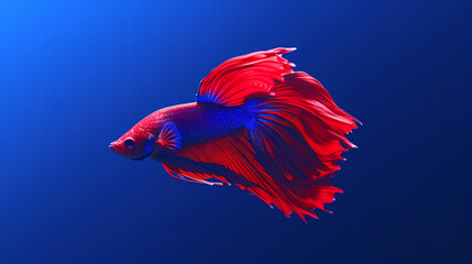 A stunning beta fish with flowing fins, captured in intricate detail against a solid royal blue backdrop.