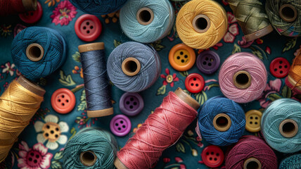 Assorted colorful threads and buttons