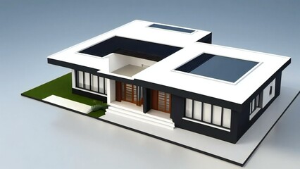 Modern architectural model of a residential house with solar panels on a white background.