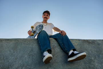 Naklejka premium Low angle of young male skater in casual outfit sitting on ramp with skateboard against blue sky