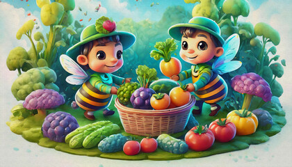 Fototapeta na wymiar Cute bees planting vegetables in garden