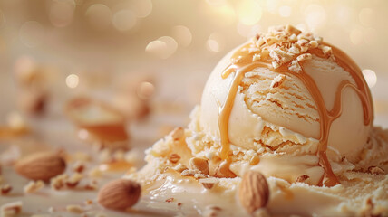 Obraz na płótnie Canvas Vanilla ice cream scoop with caramel sauce.