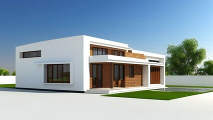 Modern house with white walls, wooden accents, and green lawn on a sunny day.