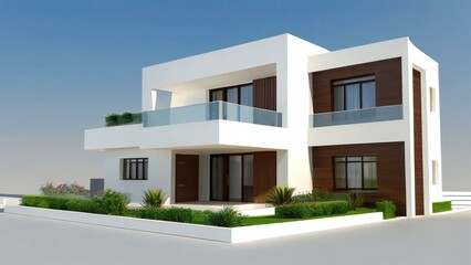 Fototapeta na wymiar Modern two-story house with balcony and large windows, featuring a minimalist white and brown facade.