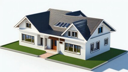 3D rendering of a modern suburban house with a lawn on a white background.