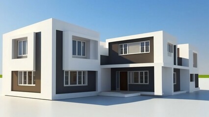 Modern two-story residential house with flat roofs and minimalist design on a clear day.