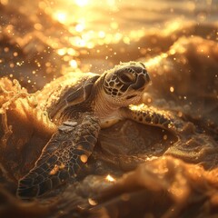 A turtle seeks relief from the beach's scorching sun by burrowing into the cool sand. - obrazy, fototapety, plakaty