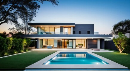 Modern luxury house with pool at dusk, contemporary architecture with outdoor lighting.