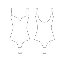 Vector illustration of a women's one-piece swimsuit, front and back views. A fashionable T-shirt template with a deep neckline and a fastening in the groin area. Technical drawing of a bodysuit. - obrazy, fototapety, plakaty