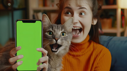 a cat and his owner a young woman are looking together on the green screen of a mobile phone in their apartment, the woman looks a bit surprised,  - obrazy, fototapety, plakaty