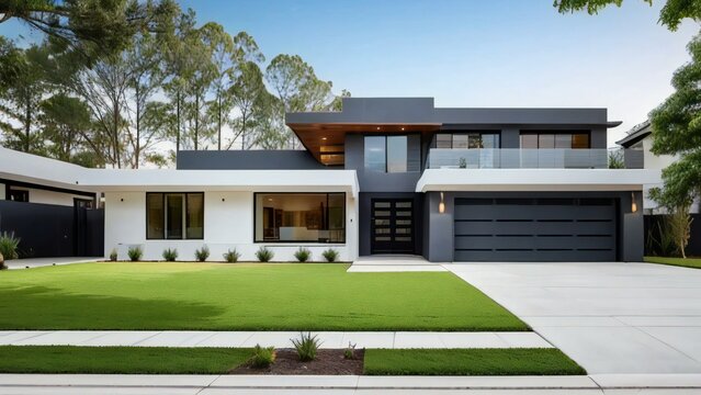 Modern suburban house with a lush lawn and sleek design at dusk.