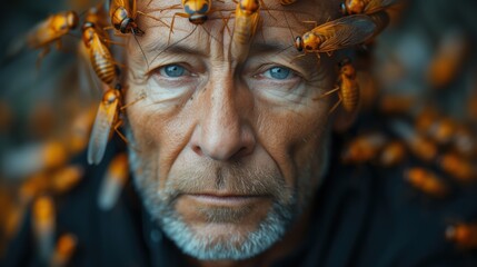 portrait of a man with bugs in his head, creative - obrazy, fototapety, plakaty