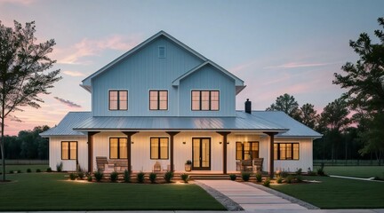 Modern two-story house with porch at dusk, warm interior lights and tranquil surroundings.