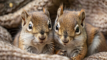 Two squirrels close together on textured material.
