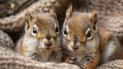 Obraz premium Two squirrels close together on textured material.