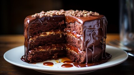 Rich chocolate layer cake with glossy chocolate ganache
