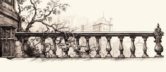 Romantic classic elegant outdoor element Carving bannister on aged parapet backdrop Freehand ink sketch in doodle style on paper - obrazy, fototapety, plakaty